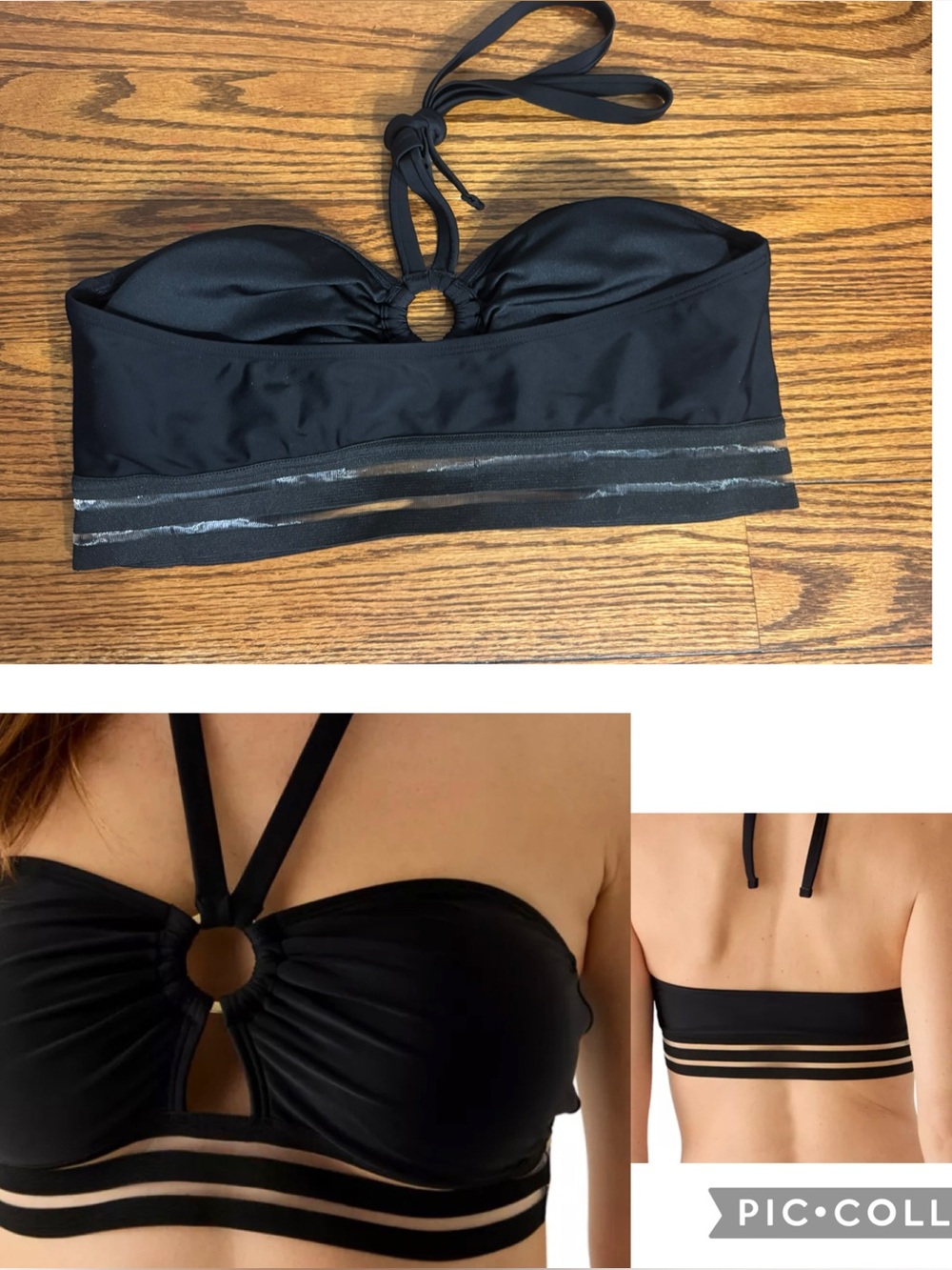 Black Sheer Bandeau Halter Swim Top with Sheer Stripe Detail - Cupshe